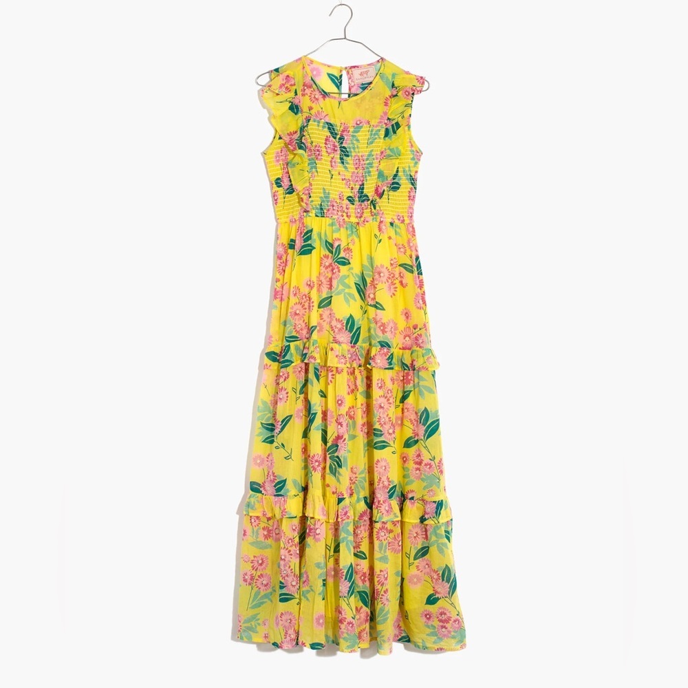 Madewell Banjanan Iris Smocked Midi Dress Medium Floral Smocked Pockets Yellow - Picture 7 of 15